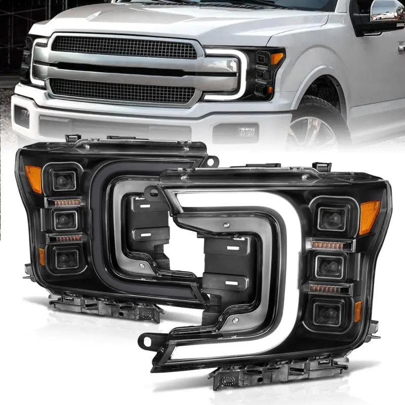 Anzo Full-Led Projector Headlights For 2018–2020 Ford F-150 – Smoke Lens, Bar-Style Design, Black Housing With Amber Drls 1