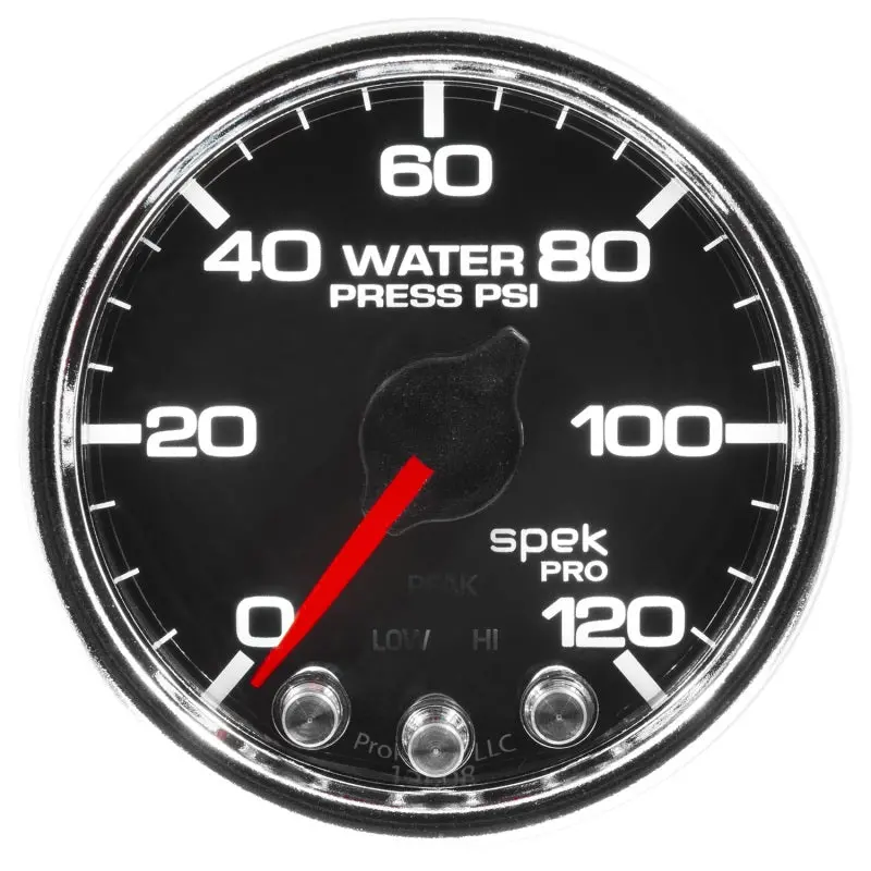 Autometer Spek-Pro Water Pressure Gauge – 2-1/16", 120 Psi, Stepper Motor, Peak Hold & Warning, Black/Chrome Housing 1