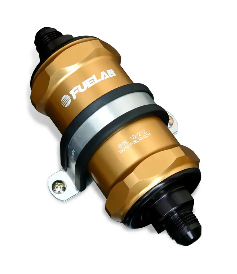 Fuelab 818 Inline Fuel Filter – -10 An Inlet/Outlet, 10-Micron Filtration, Gold Anodized Housing 1