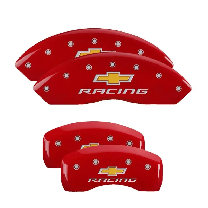 Mgp Engraved 4-Piston Caliper Covers For Chevrolet – Front And Rear, Racing Red With Silver Accent 1
