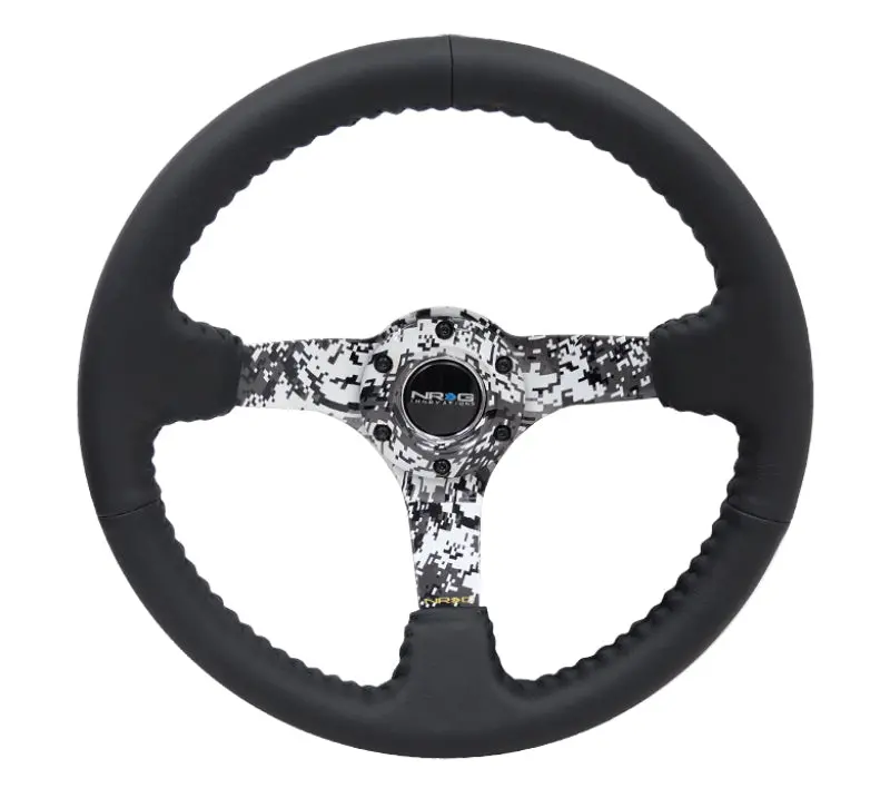 Nrg Reinforced 350Mm Steering Wheel — Black Leather With Hydro-Dipped Digital Camo Spokes 1